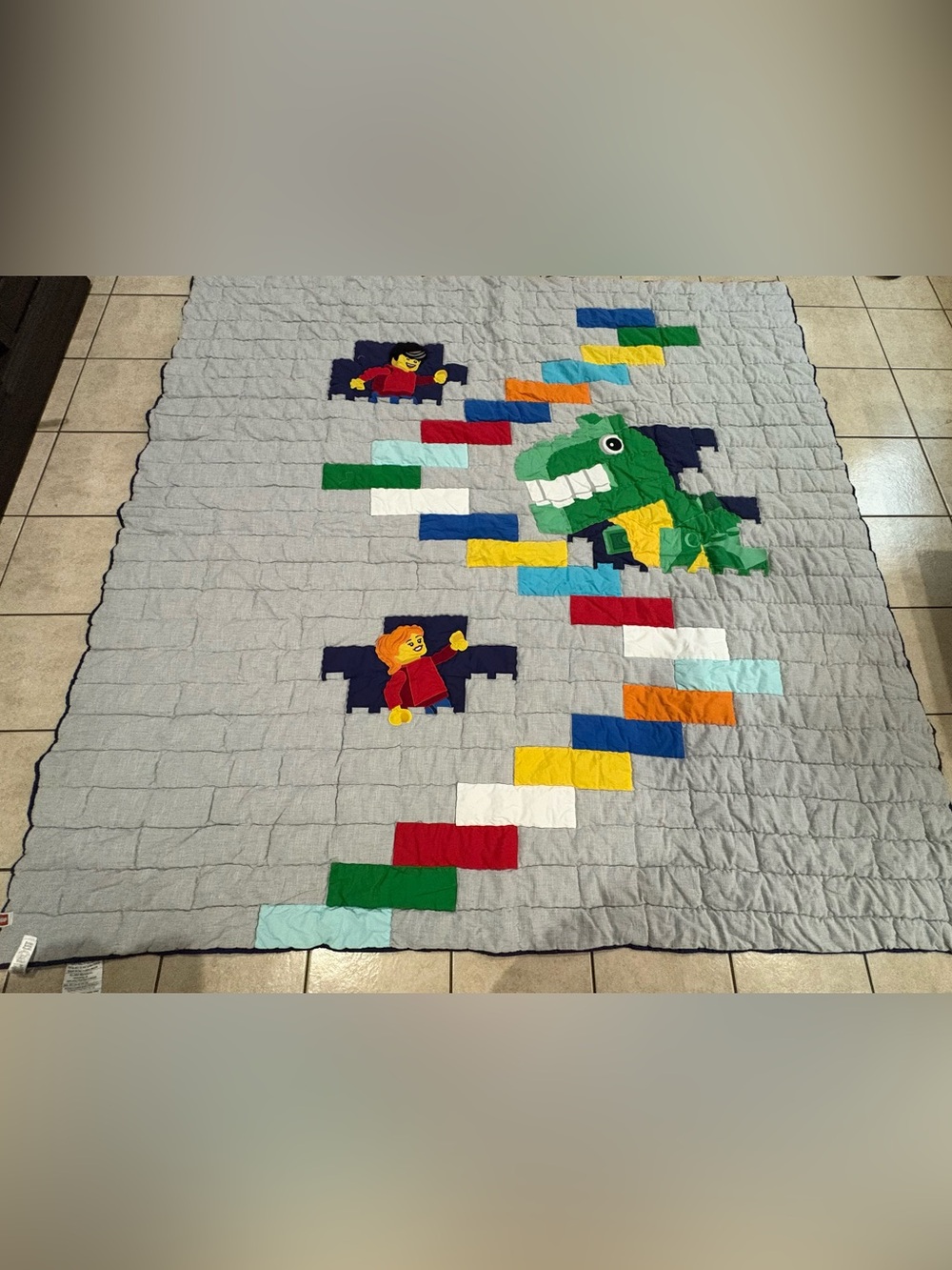 Pottery Barn Kids Lego Grey Quilt with Green Dinosaur and Multicolor Brick